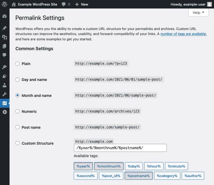 WordPresss permalink style options
