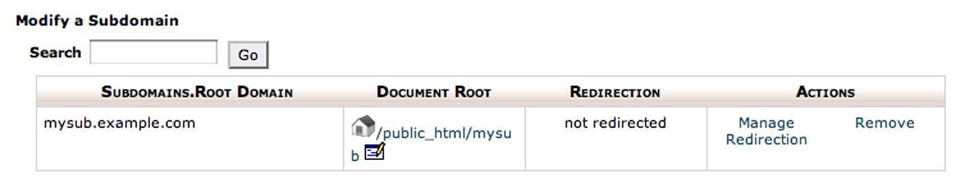 cPanel subdomain screen. cPanel subdomain screen.