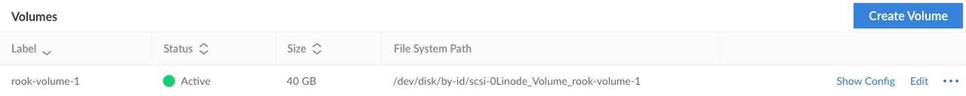 The Storage tab of a Kubernetes node, showing the new volume as active. The Storage tab of a Kubernetes node, showing the new volume as active.