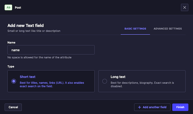 Strapi content builder, adding a field for the Post collection Strapi content builder, adding a field for the Post collection