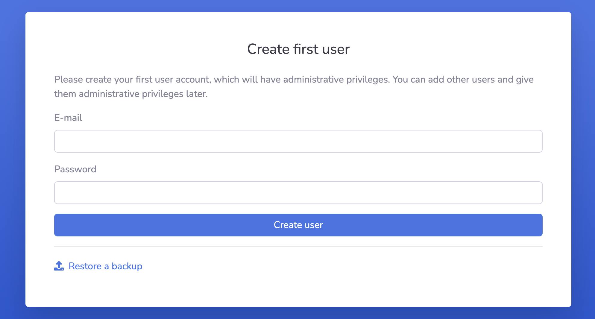 The Saltcorn create user page The Saltcorn create user page