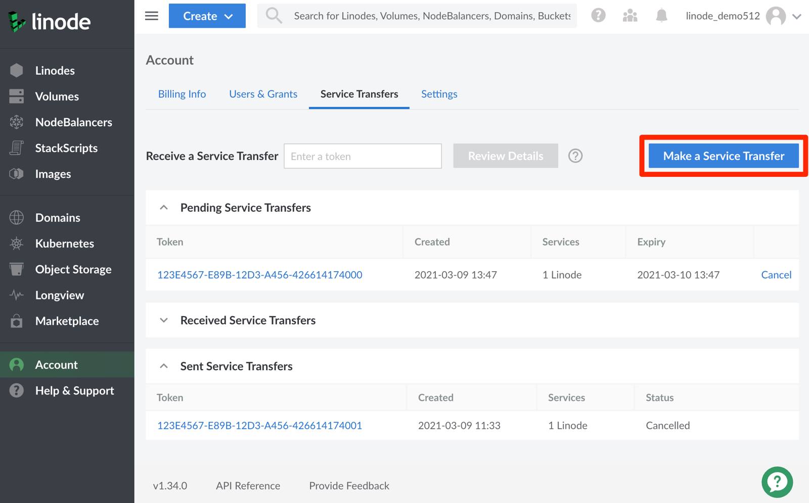 Selecting Make a Service Transfer initiates a transfer request.