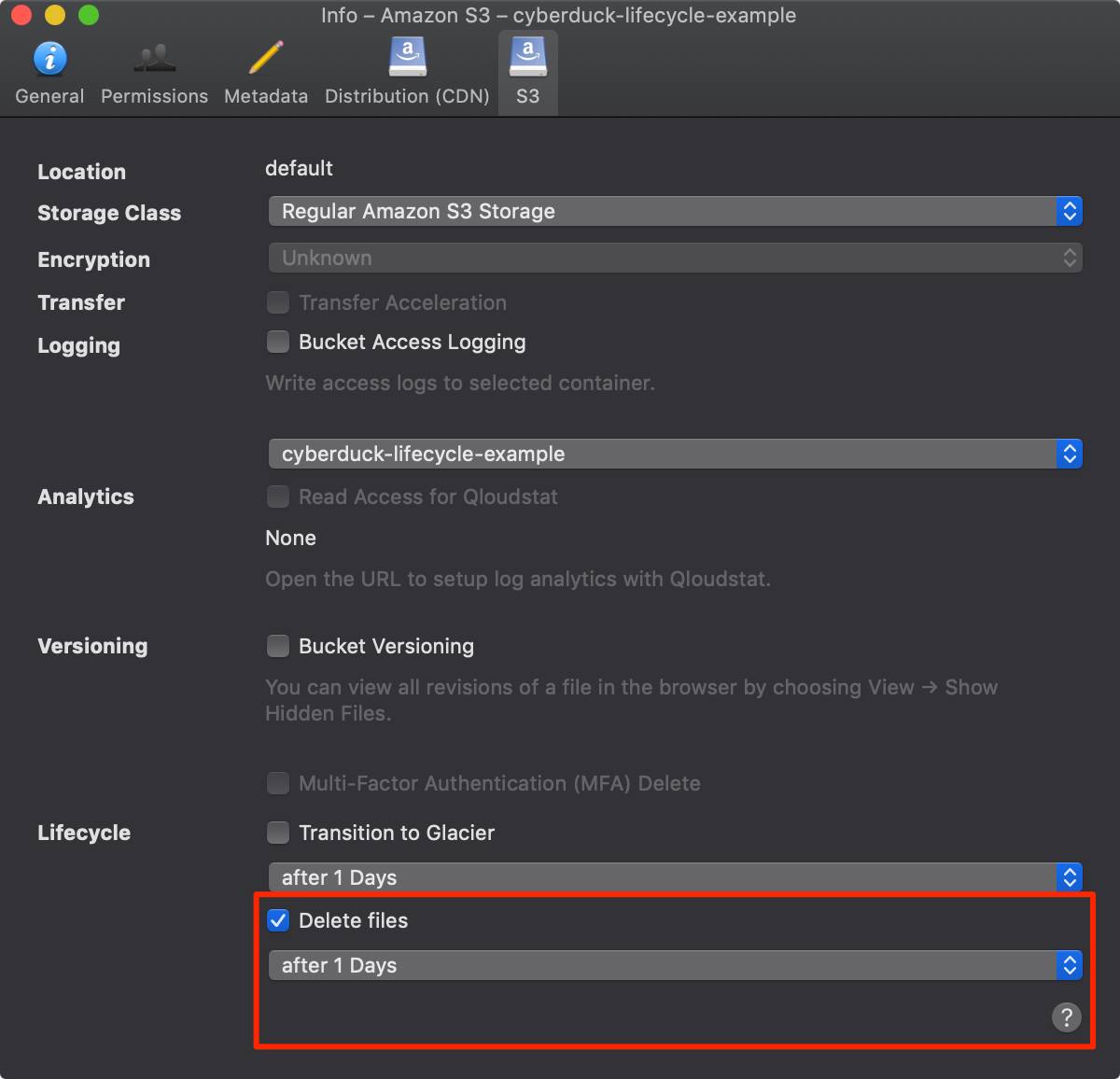 Click on the S3 tab and then check the box labeled Delete files.